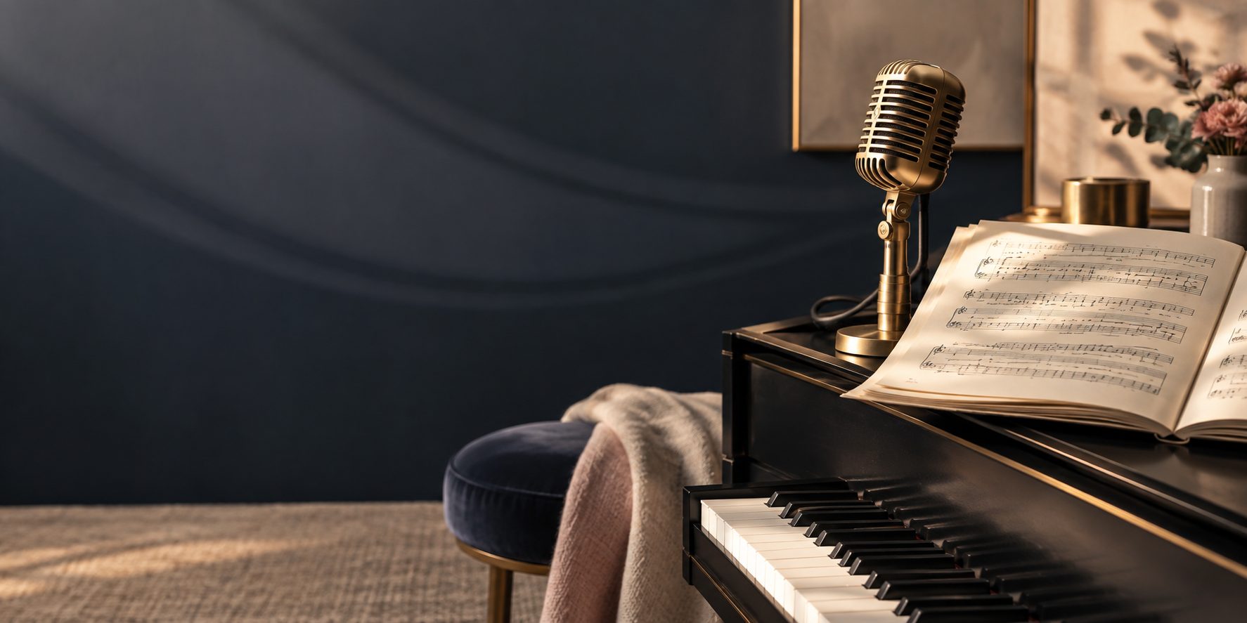 Piano keys, sheet music, and a vintage microphone